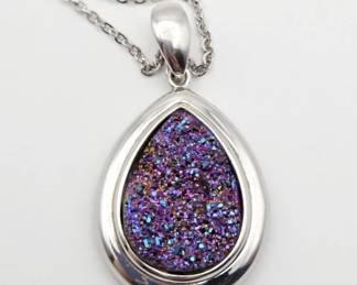 Sterling Teardrop Peacock Druzy Stone Necklace
