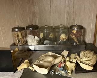 Vintage Apothecary Jars/contents , stainless steel medical exam cabinet