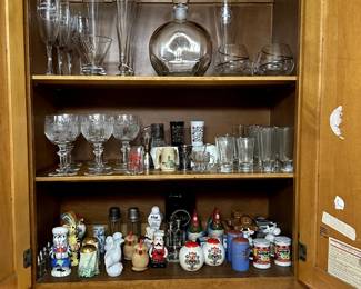 Barware including Martell Cognac balloon snifter glasses gold bird blue ribbon design, Perrier Jouet champagne glasses, tall elegant champagne flutes, vintage clear glass heavy decanter with stopper by Luigi Bormioli Italy, shot glasses, cordial glasses, and don't miss the collection of salt and pepper shakers!