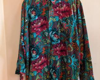 Vintage 1990's Robert Stock men's silk shirt, blue and red tone abstract floral print