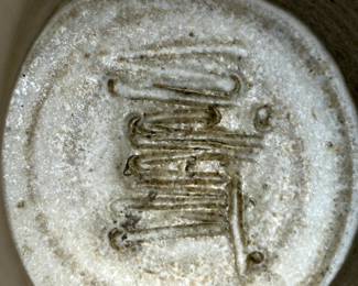 Underside of base of the Frank Willet Studio pottery pedestal bowl, signed by artist; California mid century modern