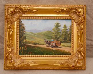 Vintage signed oil painting of rural scene – a horse-drawn hay wagon or cart laden with harvest, driven by farm worker along a country road, with foothills and mountains in the distance