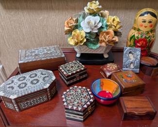 Wooden inlay work lidded boxes, Russian matryoshka doll, porcelain flowers in basket