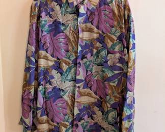 Vintage 1990's Robert Stock men's silk shirt, purple tone abstract floral print