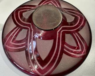 Another view of a stunning Art Deco era cranberry to clear cut crystal bowl by St. Louis, the esteemed French makers of fine mouth-blown and hand-cut art glass and crystal since 1586. Acid etched mark reads "Cristaux d'Art St. Louis"