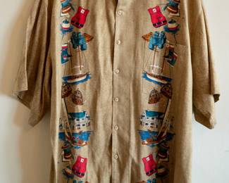 Bumka Bibas vintage men's silk shirt, short sleeves, collar, light tan with colorful maritime/sailing pattern; size XL