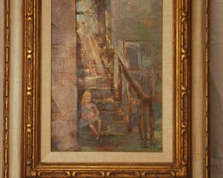Signed oil on canvas painting of a little blond girl holding a doll and sitting on stairs, 1967