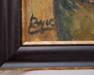 Closeup of signature on the original signed oil painting, an expressionist depiction of woman in yellow blouse