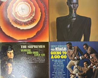 Classic vintage vinyl record albums: Stevie Wonder Songs in The Key of Life, Grace Jones Nightclubbin, The Supremes Where Did Our Love Go, Smokey Robinson and The Miracles Going to a Go-Go