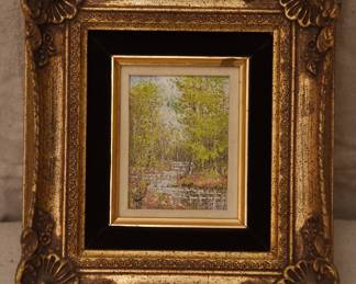 Vintage signed impressionist oil painting of vibrant landscape scene