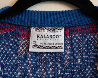 Closeup of a vintage Kalaroo Australia men's knit cotton cardigan sweater size XL