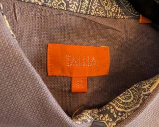 Closeup of men's Tallia The Mason Fit light purple print button front shirt with contrasting flip cuff, size LG