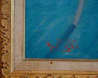 Closeup of framed signed oil painting of young girl sitting on a decorative metal chair, by Philippe Alfieri, Italian/American (1921 - 2009)