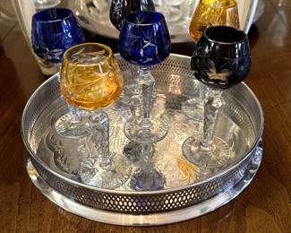 Vintage Bohemian Cased Glass cut to clear cordial glasses in a silverplated tray with a filigree rim