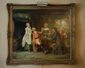 An delightful original antique oil painting of an 18th century scene, signed with initials and the date 1912.