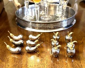 Vintage table decor - a set of six aubergine shaped knife rests, and six apple shape place card holders