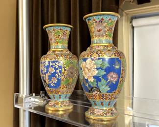 Pair of vintage Chinese Cloisonné vases with peony and plum blossom designs