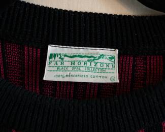 Closeup of vintage 1980's men's Far Horizons Black Opal Collection textured knit cotton sweater, size XL