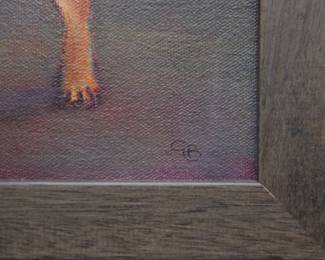 Closeup of signature on the charming original signed painting of a Chihuahua, its alert face looking toward the viewer as its tan coat glows against a dark background. Signature appears to be initials CB.