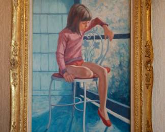 Framed signed oil painting of young girl sitting on a decorative metal chair, by Philippe Alfieri, Italian/American (1921 - 2009)