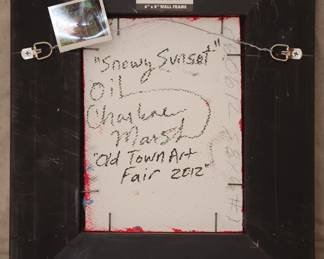 Reverse view of an original signed oil painting by American artist Charlene Marsh, titled "Snowy Sunset" and painted "Plein Air" method, 2012