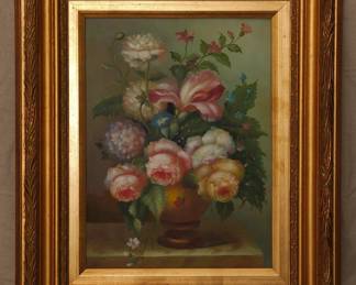 A lovely original oil on canvas painting, a still life of flowers in a footed golden bowl
