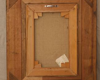 Reverse view of the signed oil on canvas painting of a little blond girl holding a doll and sitting on stairs, 1967