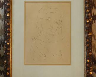 Framed sketch of young woman, by unknown artist