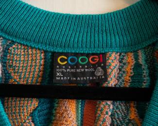 Closeup of a 1980s vintage Coogi Australia 100% wool knit pullover sweater, size XL