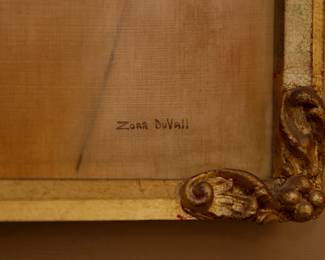 Closeup of signature on signed oil painting of children, by artist Zora Duvall