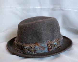 A Jay Lord Hatter feather rim fedora hat