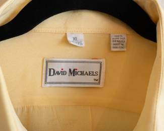 Closeup of David Michaels men's silk long sleeve pale yellow button front shirt, made in Hong Kong