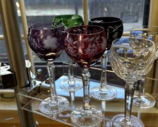 Bohemian Crystal Wine Glasses in various colors of cased glass cut to clear glass