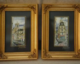 Pair of small vintage Paris street scenes water color paintings, 2001 signed