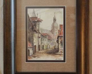 Framed color print of a painting of a European street scene