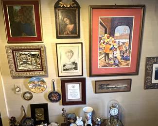 Some of the more than 100 pieces of original artwork in this sale, and studio pottery, porcelain, glass, bronze, and marble collectible art, vintage clock, side tables, chests of drawers