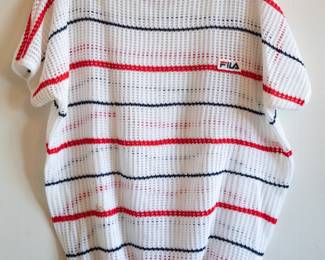 FILA Sports men's loose knit short sleeve shirt, white with horizontal red and blue stripes, size XL