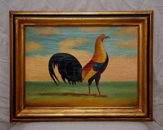 One of a pair of original signed paintings depicting a large central rooster with colorful feathers and plumage. Vintage, made in Italy, possibly 1950s.
