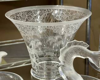 Orrefors Sweden Crystal Thunderstorm Bowl designed by Edward Hald, with a Lalique Crystal leaping koi pin tray/ring dish