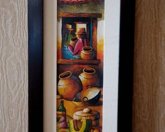 A signed original painting of Peruvian life, vivid colors highlighting women in a window, with storage jars, cooking implements and food in the foreground