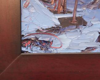 Closeup of signature on an original signed oil painting by American artist Charlene Marsh, titled "Snowy Sunset" and painted "Plein Air" method, 2012