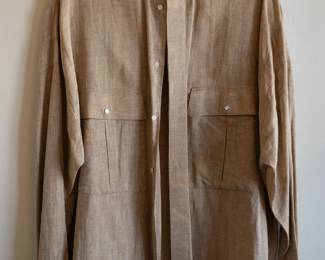 Mario Valentino men's light brown long-sleeved shirt with mandarin collar, button-down front and two chest pockets. Size 50, Made in Italy.