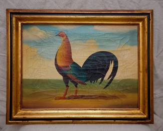 Second of a pair of original signed paintings depicting a large central rooster with colorful feathers and plumage. Vintage, made in Italy, possibly 1950s.