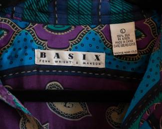 Closeup of vintage 100% silk Basix Fenn Wright & Manson colorful button-front long-sleeve shirt, blue, purple, green floral geometric abstract print