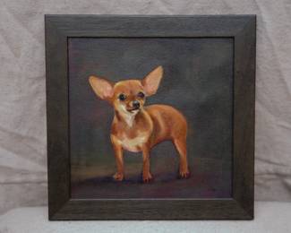 A charming original signed painting of a Chihuahua, its alert face looking toward the viewer as its golden coat glows against a dark background. Signature appears to be the initials CB.