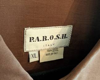 Closeup of P.A.R.O.S.H. men's color block long sleeve shirt, brown with contrasting panels of blue with gold leopards, size L
