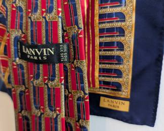 Closeup of Lanvin Paris silk necktie with matching silk pocket square