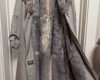 Another view of QMB2 opossum fur lined raincoat - double breasted coat with inner fur lining and fur shawl collar
