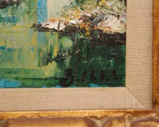 Closeup of original signed oil on canvas painting of bridge and river scene, possibly the Stari Most (Old Bridge) over the Neretva River in southern Bosnia and Herzegovina.