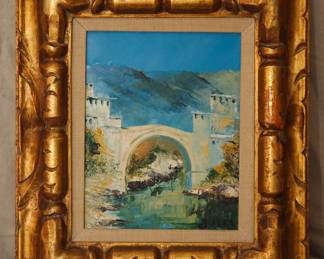 Original signed oil on canvas painting of bridge and river scene, possibly the Stari Most (Old Bridge) over the Neretva River in southern Bosnia and Herzegovina.